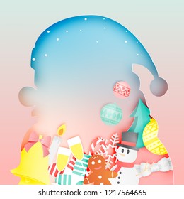 Various christmas items in Santa clause paper art with pastel color scheme