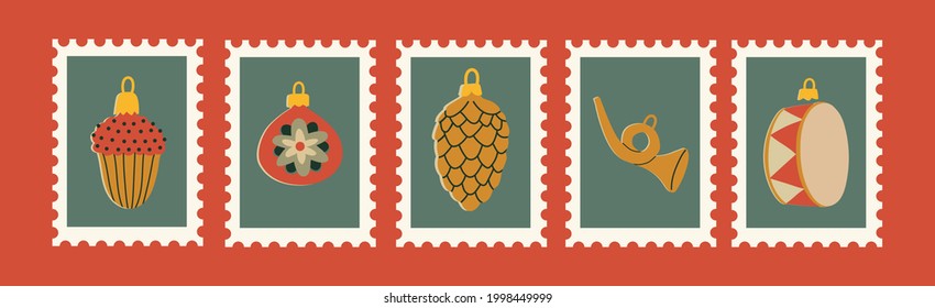 Various Christmas and New Year  stamps in retro style.
Vector illustration.