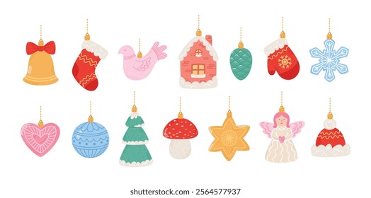 Various Christmas ornaments set. Big Christmas tree decorations collection. Vector illustrations isolated on white background