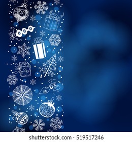 Various Christmas related objects forming border. Christmas background with space for text