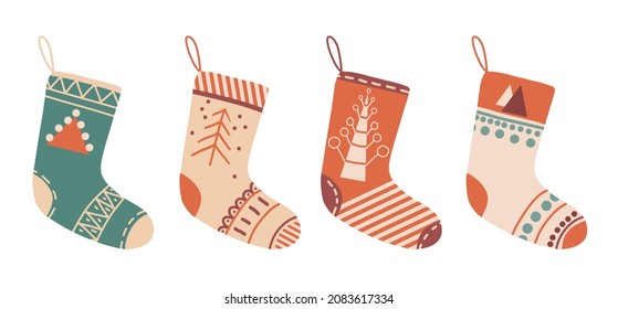 Various Christmas socks or stockings with different patterns. Traditional decorative element. Ornate holiday stockings and socks