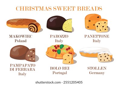 Various Christmas sweet breads flat vector collection. Cartoon cakes illustration set