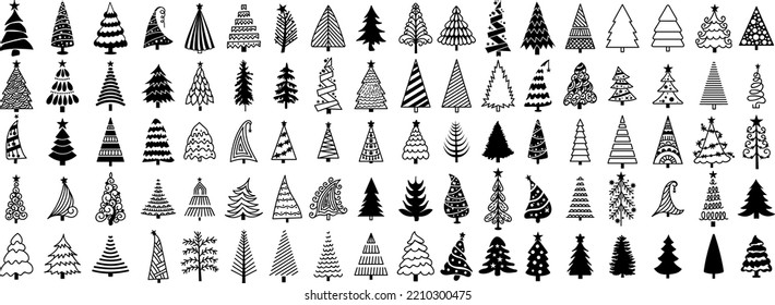 various Christmas tree silhouette, Christmas tree hand drawn illustrations. Vector.