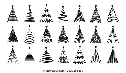 Verschiedene Weihnachtsbaumsilhouette, handgezeichnete Illustrationen. Set mit Tannen und Kiefern mit Sternen.Vektorgrafik von Winterurlaubsymbolen, schwarz auf weißem Hintergrund.