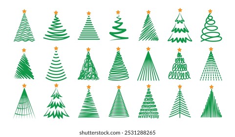 Various Christmas tree silhouette,  hand drawn illustrations. Set with firs and pine trees with stars. Vector illustration of winter holiday symbols, green on white background.