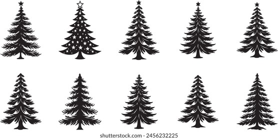 various Christmas tree silhouette on the white background. vector illustration 