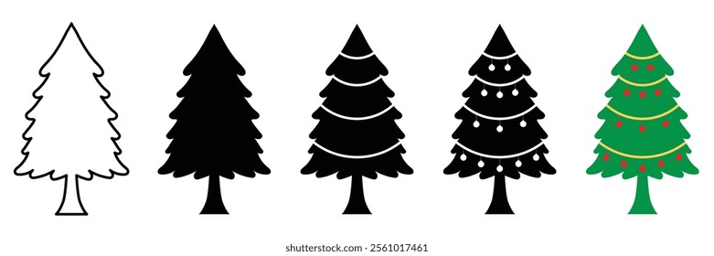Various Christmas tree silhouettes. Pine Trees vector trees set. Tree icons set in a modern flat style. Vector silhouette graphic trees element .New year symbols, xmas decorative trees doodle style.
