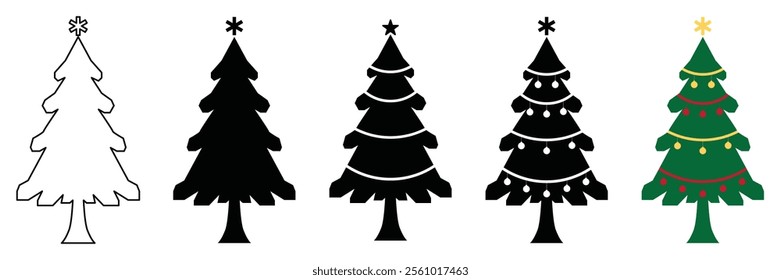 Various Christmas tree silhouettes. Pine Trees vector trees set. Tree icons set in a modern flat style. Vector silhouette graphic trees element .New year symbols, xmas decorative trees doodle style.