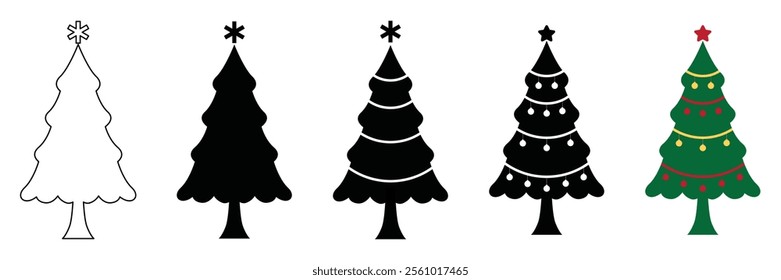 Various Christmas tree silhouettes. Pine Trees vector trees set. Tree icons set in a modern flat style. Vector silhouette graphic trees element .New year symbols, xmas decorative trees doodle style.