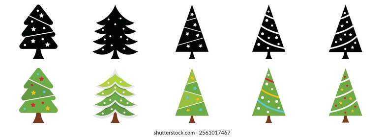 Various Christmas tree silhouettes. Pine Trees vector trees set. Tree icons set in a modern flat style. Vector silhouette graphic trees element .New year symbols, xmas decorative trees doodle style.