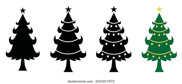 Various Christmas tree silhouettes. Pine Trees vector trees set. Tree icons set in a modern flat style. Vector silhouette graphic trees element .New year symbols, xmas decorative trees doodle style.