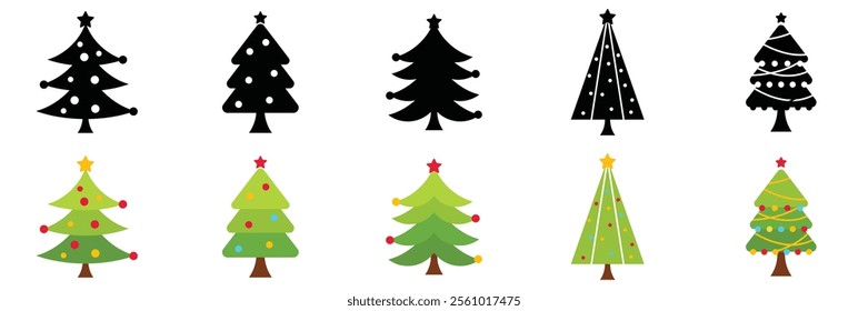 Various Christmas tree silhouettes. Pine Trees vector trees set. Tree icons set in a modern flat style. Vector silhouette graphic trees element .New year symbols, xmas decorative trees doodle style.