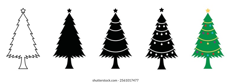 Various Christmas tree silhouettes. Pine Trees vector trees set. Tree icons set in a modern flat style. Vector silhouette graphic trees element .New year symbols, xmas decorative trees doodle style.