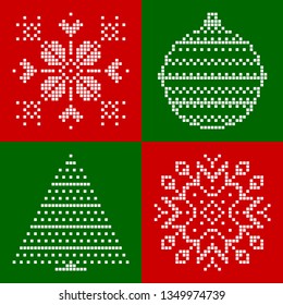 Various Christmas vector patterns such as snow flakes, pine tree, diamonds, leafs,ornaments, bells, on red and green grid background. For decoration, gift wrapping, card printing.