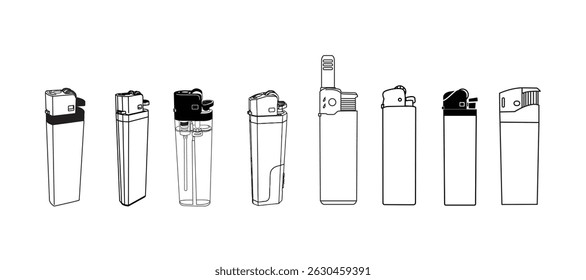 Various cigarette gas lighter model in vector silhouette illustration white background