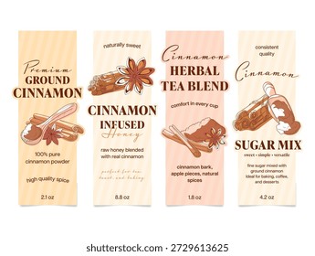 Vários rótulos de produtos de canela, em um fundo branco, demonstram as muitas maneiras que eles podem ser usados na culinária e cozimento.