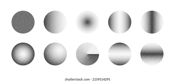 Various Circles Stipple Hand Drawn Dotwork Vector Abstract Shapes Set With Different Variations Of Black Noise Gradient Isolated On White. Halftone Dotted Round Design Elements Dust Texture Collection