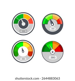 Various circular speedometer and score gauge icons with numeric indicators, representing different performance or rating levels. Excellent for dashboard and data visualization.