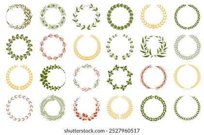 Various circular wreaths made of leaves in green, orange, and red shades are arranged neatly. These are ideal for decoration, nature themes, invitations, cards, and celebration designs. Simple