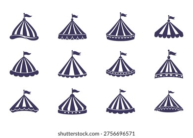 Various Circus Tent Flat Icons with Flags Isolated on White Background