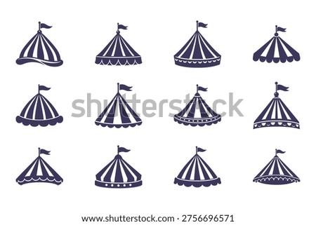 Various Circus Tent Flat Icons with Flags Isolated on White Background