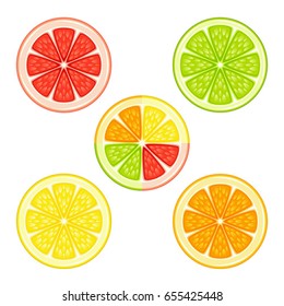 Various citrus fruits in a section on a white background