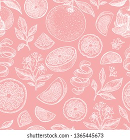 Various citrus seamless pattern. Slices, flowers, leaves. Engraved style. Vector illustration