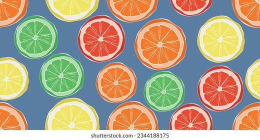 Various citrus slices. All citruses on a drawn pattern, realistic and casual slices. Vector for textiles, pillows, clothing, background, packaging, notepads, cups, interior. Stylish design.