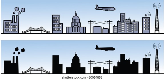 Various city element in rendered and silhouette views.