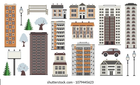 Various city elements in winter time - multistorey houses and municipal buildings, trees in snow, public park and transport isolated on white background. Flat vector illustration.