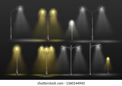 Various city street lights glowing in darkness yellow warm and cold white light 3d realistic vector set with old-fashioned, retro lampposts and modern electrical road lamps illustrations collection