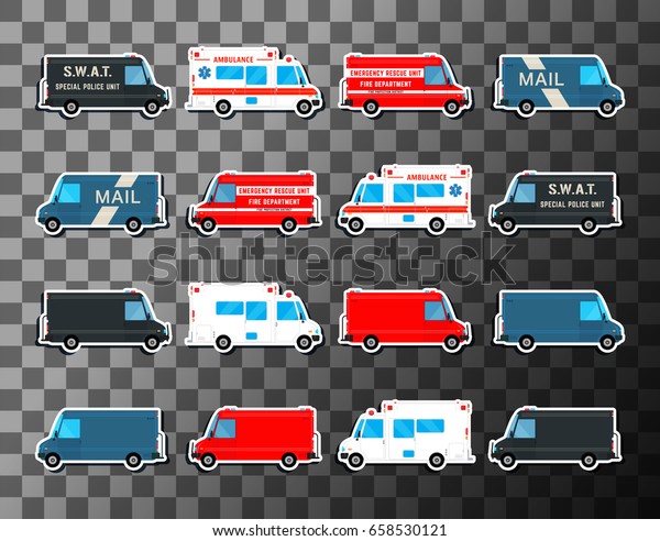 Various city urban traffic vehicles - mail\
delivery, fire department, police swat bus and ambulance truck. Set\
of service vans. Vector\
illustration.