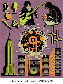 Various city vector design elements: guitar player, skyscraper, loudspeakers and music icons.