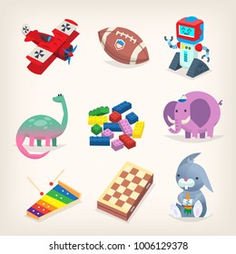 Various classic toys for kids. Colorful isolated vector images.