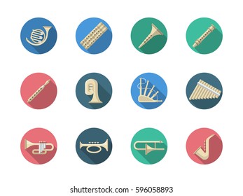 Various classical orchestral musical brass instruments. Set of flat round vector icons