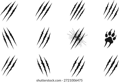 verschiedene Kratzspuren, einschließlich Einzel- und Mehrfachkrallenmuster, mit einem Pfotenabdruck, perfekt für Halloween-, Tier- oder Horror-Designs.