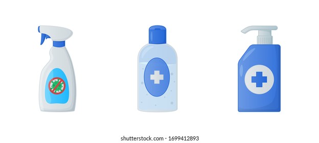 various clean tools set collection with disinfectant liquid soap and hand sanitizer with modern flat style