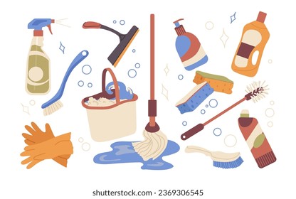 Various cleaning products, household chemicals and equipment for home or office hygiene maintenance