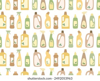 Various cleaning products seamless pattern. Eco-friendly organic natural sanitizer, spray, detergent bottles. Cleaning service, home washing background. Flat design colorful doodle illustration