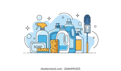 Various cleaning supplies arranged together to suggest cleanliness in the home and business