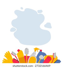 Various cleaning supplies, tools, cleaning products, brushes for cleaning offices and homes. Banner with empty space for brand.