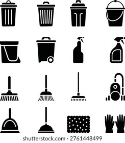 Various cleaning supplies and trash cans in a vector graphic illustration for design use.