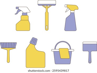Various cleaning tool icons. minimal line art vector illustration.