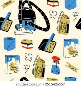 Various cleaning tools, household supplies. Vacuum cleaner, sponge, brush, detergent spray, iron, powder, toilet paper. Housework concept. Hand drawn Vector illustration. Square seamless Pattern