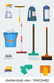 Various Cleaning Tools Vector Illustration Icons Set for House Care Related Design Project