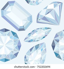 Various Clear Diamond Crystals Vector Seamless Pattern Jewelry Texture on blue Background