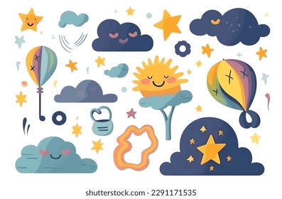 Verschiedene Clipkunst von Sonne und Wetter-Element im Stil von Emotiven Storytelling-Techniken, Cute und Dreamy, Set von Vektorgrafiken