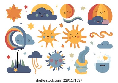 Various Clipart of Sun and Wether Element in the Style of Emotive Storytelling Techniques, Cute and Dreamy, Set of Vector