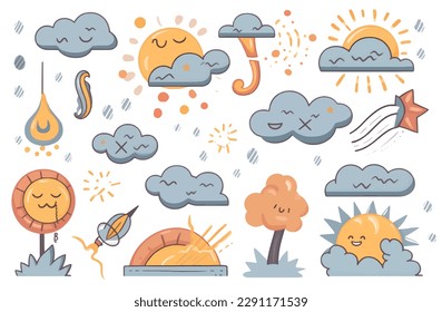 Various Clipart of Sun and Wether Element in the Style of Emotive Storytelling Techniques, Cute and Dreamy, Set of Vector