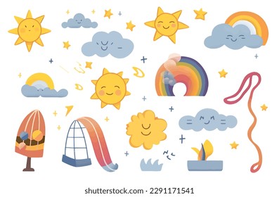 Various Clipart of Sun and Wether Element in the Style of Emotive Storytelling Techniques, Cute and Dreamy, Set of Vector